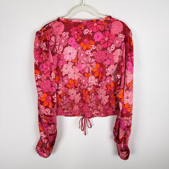 WAYF Loral Print Ruched Plunge Neck Satin Blouse Pink Berry Floral Long Sleeve - Picture 2 of 13